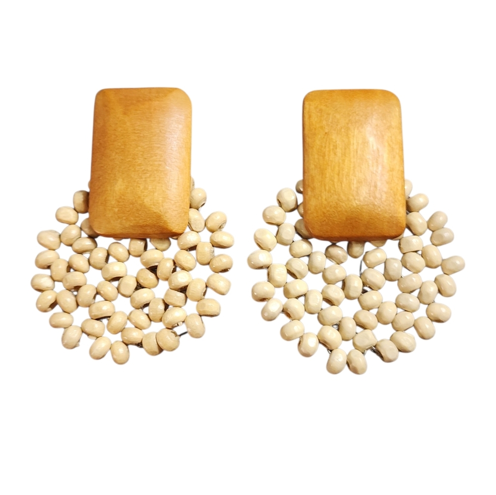 Natural Wood Beige Beaded Drop Earrings